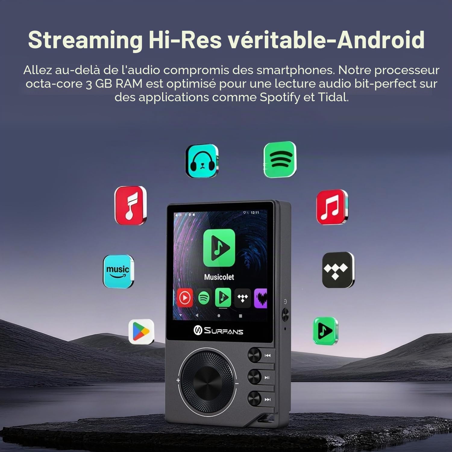 Surfans F20 Pro Lecteur de musique Android Hi-Res avec double ESS9018 DAC, DSD512, support Spotify & Tidal, Wi-Fi & BT LDAC, équilibré 4,4 mm (500 mW), extensible jusqu'à 1 To, écran tactile 2,8" MP3