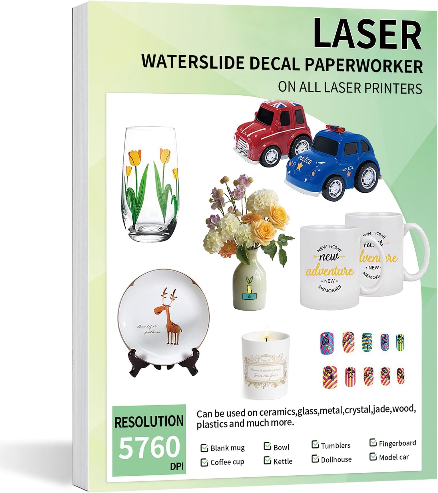 20 Sheets Waterslide Decal Paper LASER CLEAR,8.5X11 Inch Water Slide Transfer Paper Transparent Printable for Tumblers,Ceramics,Plastics,Glasses,DIY