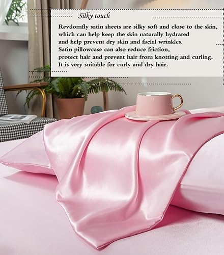 Miniatura 6 de Revdomfly Juego de sábanas de lujo de satén rosa suave y sedoso de 4 piezas, 1 sábana bajera de alta calidad que absorbe la humedad que se adapta a