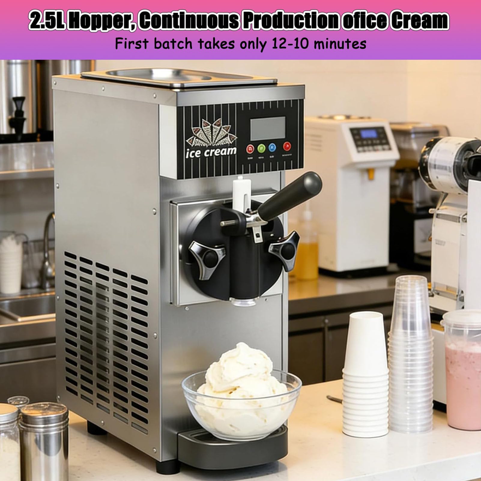 Soft Serve - Máquina de helado de 450 W, máquina comercial de un solo sabor con limpieza automática y preenfriamiento, alta productividad para el hogar y barras de aperitivos, 4-5 kg/h