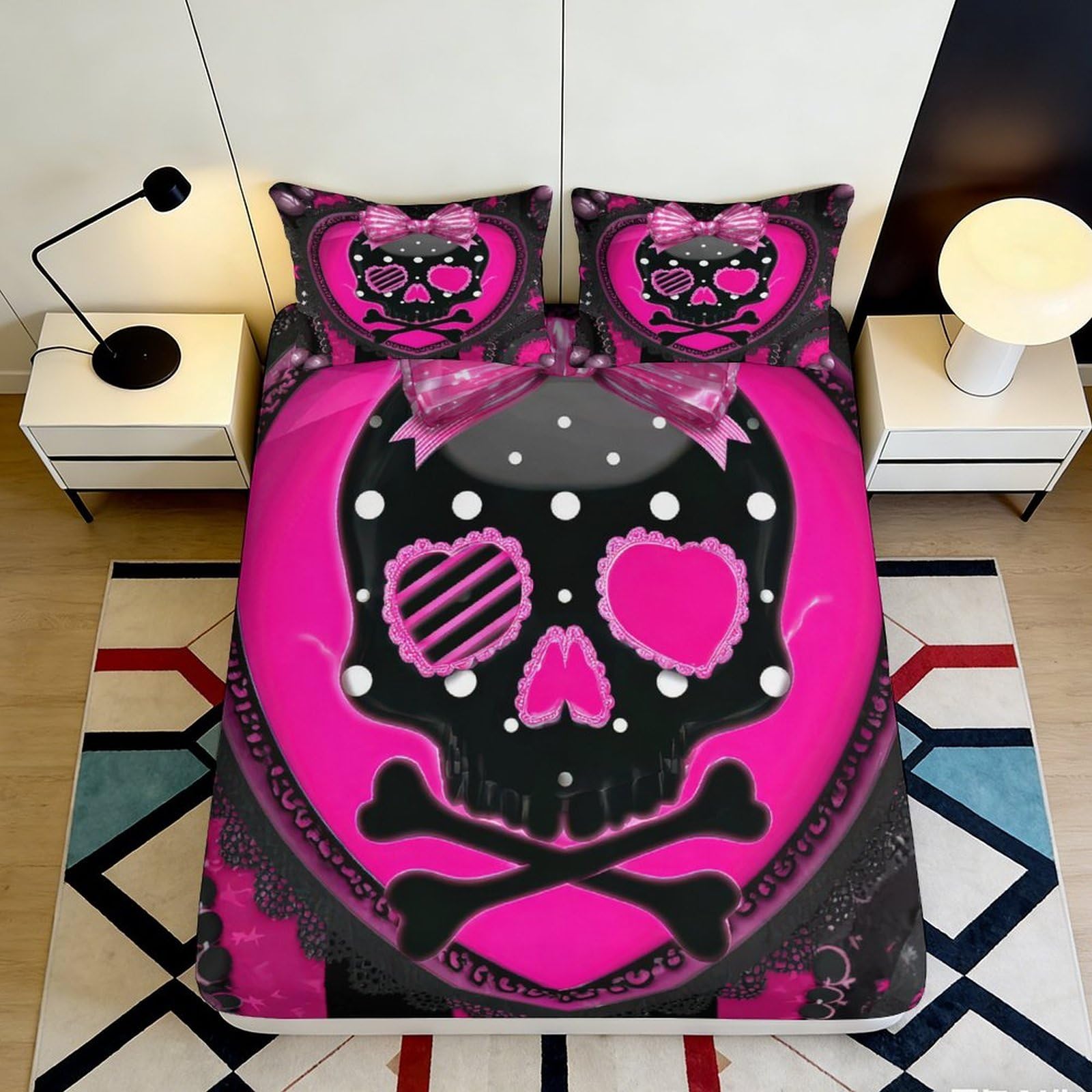 3D Printed Pink Skull Fitted Sheet Microfiber Black Gothic Heart Bed Cover for Bedroom Dorm Mattress Protector 90x200x25cm