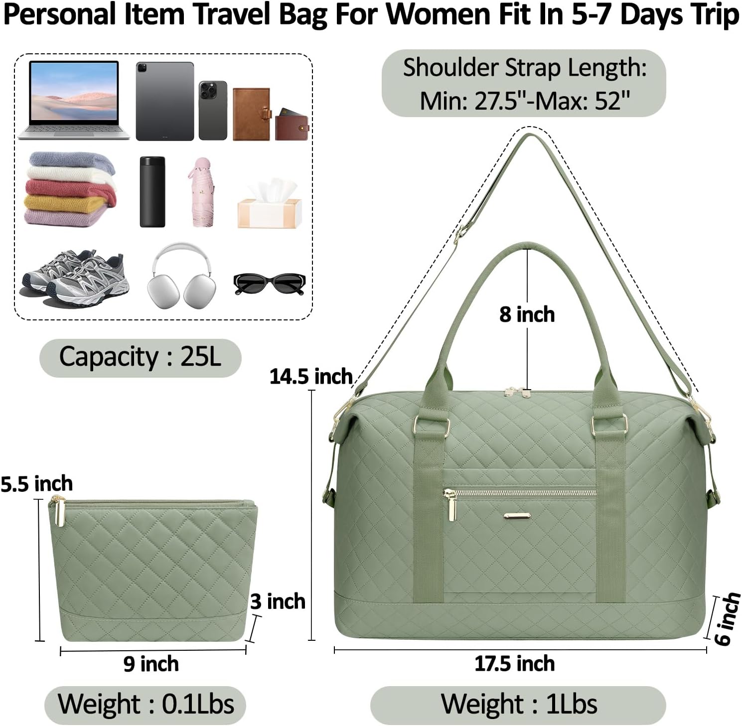 Quilted Travel Duffle Bag for Travel Women with Toiletry Bag, Large Weekender Bags for Women Carry on Duffel Overnight Bag, Waterproof Travel Tote Bags for Sports, Weekender, Business, Green - Image 2