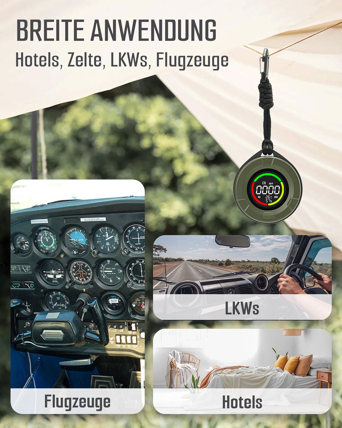 GasDoc DS-100 Tragbarer Kohlenmonoxid-Detektor, 3-in-1 CO-Detektor für Reisen & Camping, Wiederaufladbares CO-Messgerät mit akustischem & visuellem Alarm, CO-Alarm für Zuhause & Auto - Dunkelwald