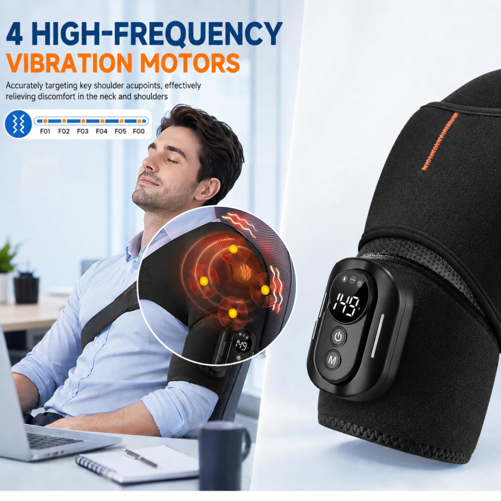 Triple méthode Masseur d'épaule avec chaleur et vibration, 5 niveaux de chaleur et 5 modes, 5000 mAh, séparation magnétique, réglable, respirant – Vainqueur du test Appareil de massage des épaules