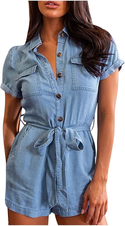 Womens Denim Rompers Summer Short Sleeve Jumpsuit V Neck