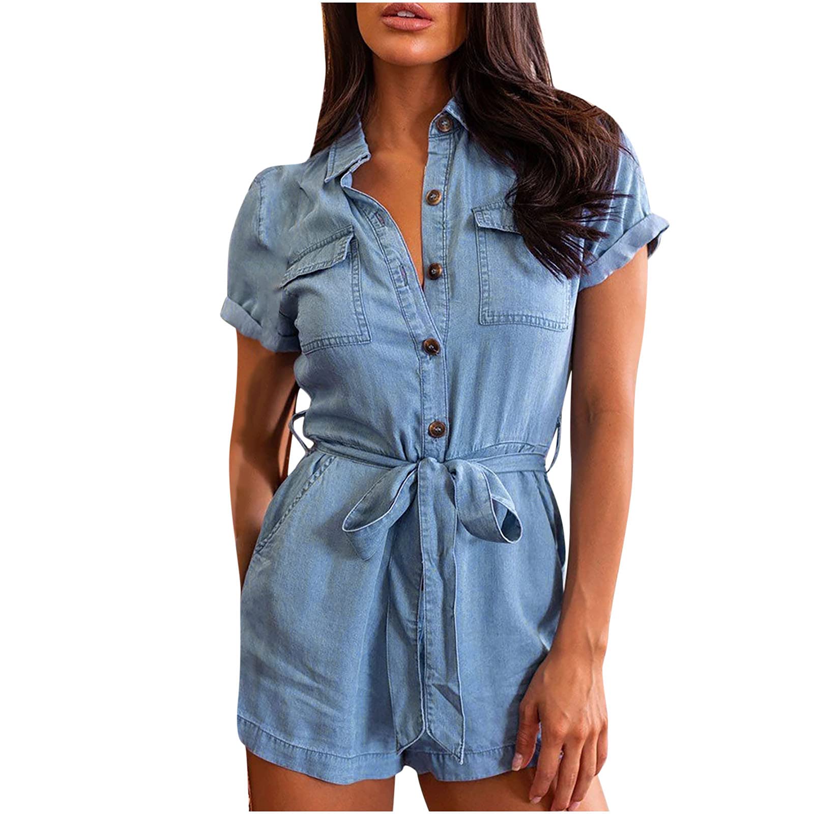 AMhomely Womens Casual Jumpsuit Summer Leisure Playsuit Loungewear Going Out Outfits Sale Clearance Ladies'Pants Solid Color Lapel Denim Short-Sleeved