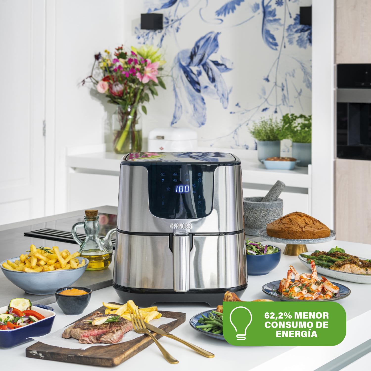 Princess 182060 Freidora sin aceite Deluxe 5.5 L, hasta un 62.2% menos de consumo de energía, libro con 30 recetas incluido, 8 programas, panel de control táctil digital, Regular