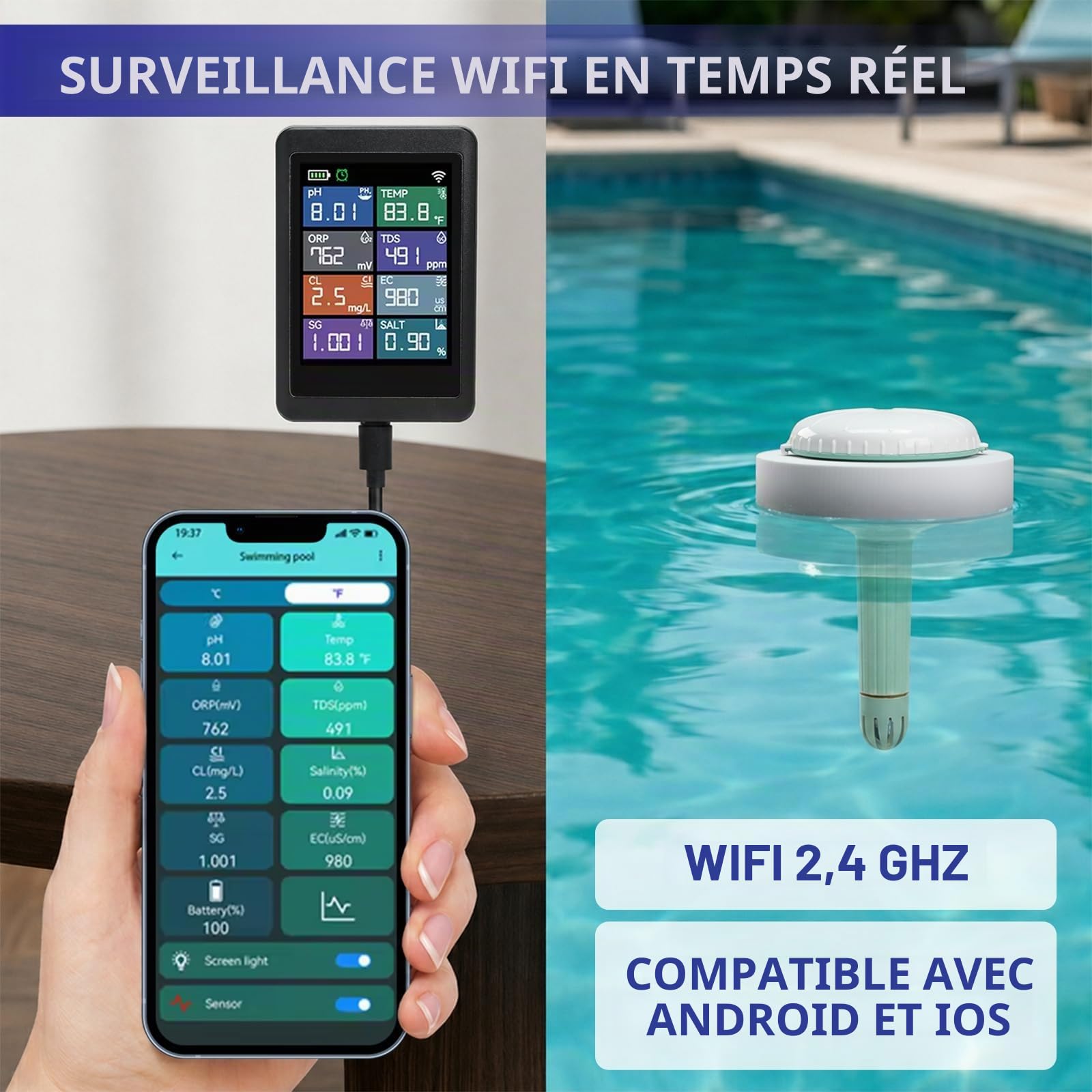 Testeur d'eau intelligent WiFi 8-en-1 pH TDS EC Chlore Salinité ORP Densité Temp, app Tuya surveillance à distance piscine aquarium spa