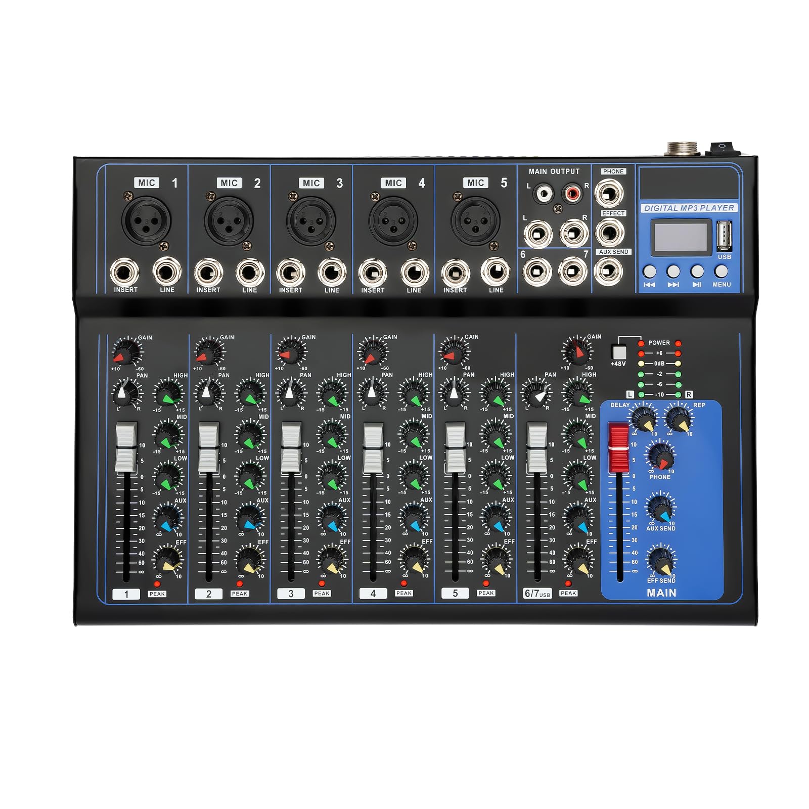 Mezclador de audio Bluetooth de 7 canales, mezclador DJ Live Studio con USB Sound Mixing Console 6 modos de música para karaoke, rendimiento, grabación y transmisión