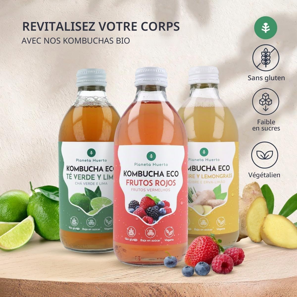 PLANETA HUERTO | Lot de 6x Kombucha ECO Fruits Rouges 330 ml | Fermentation Naturelle | Probiotiques pour le Système Digestif