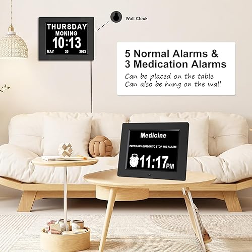 Miniatura 10 de Johnziny Calendario digital de 8 pulgadas, reloj con fecha de día, 12 opciones de alarma con atenuación automática, reloj de pérdida de memoria