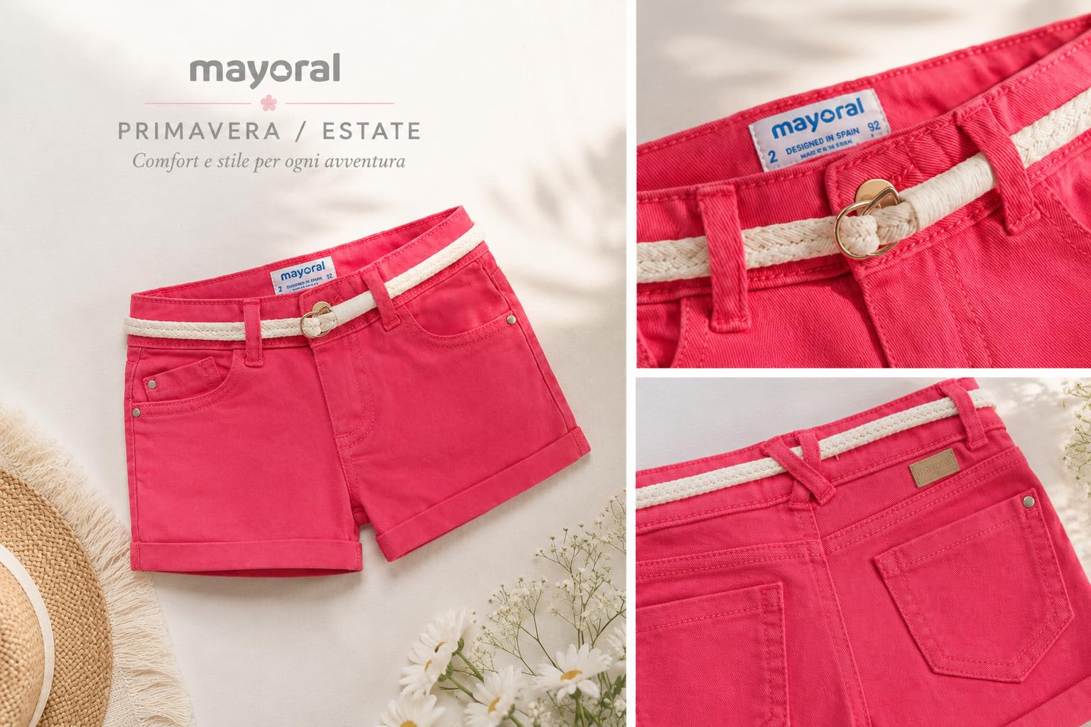 Mayoral Żółte spodenki dziewczęce 3-9 lat z diagonalu z plecionym paskiem - eleganckie letnie spodenki bermudy, 234
