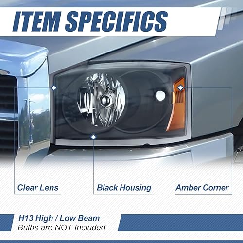 Miniatura 2 de Auto Dynasty Conjunto de faros halógenos estilo fábrica compatible con Dodge Dakota 2005-2007, lado del conductor y del pasajero, carcasa negra