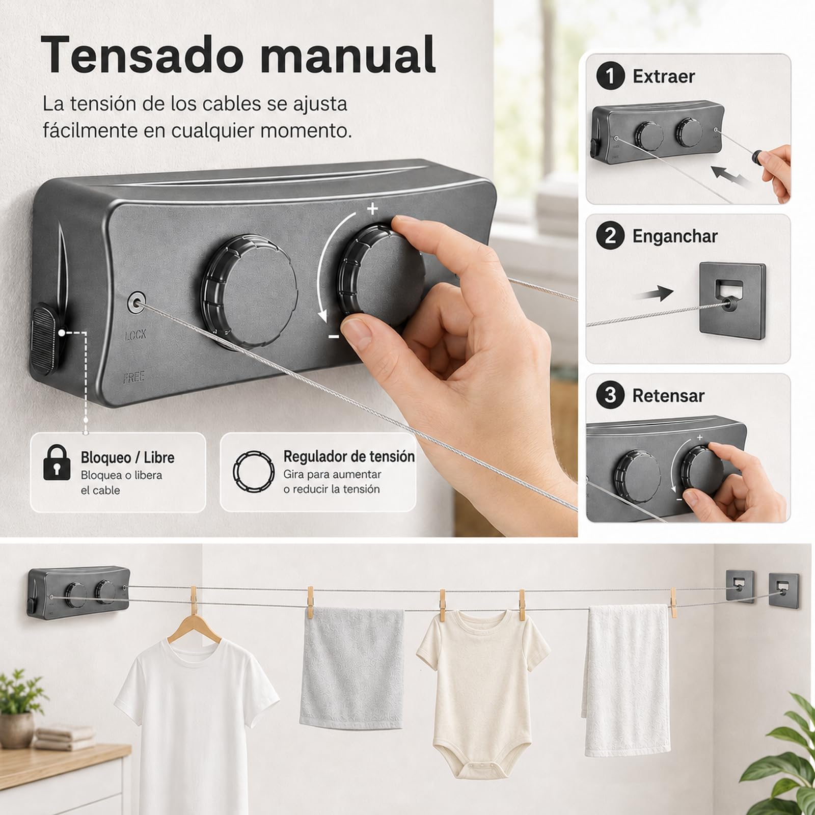 Tendedero Retráctil Doble para Balcón, Cuerda Extensible 5 m, Gris