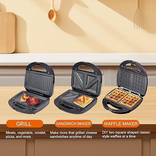 Miniatura 4 de Panini - Máquina de sándwiches de prensa para parrilla, 3 en 1 con platos extraíbles, prensa de panini antiadherente de 750 W, waflera cuadrada que