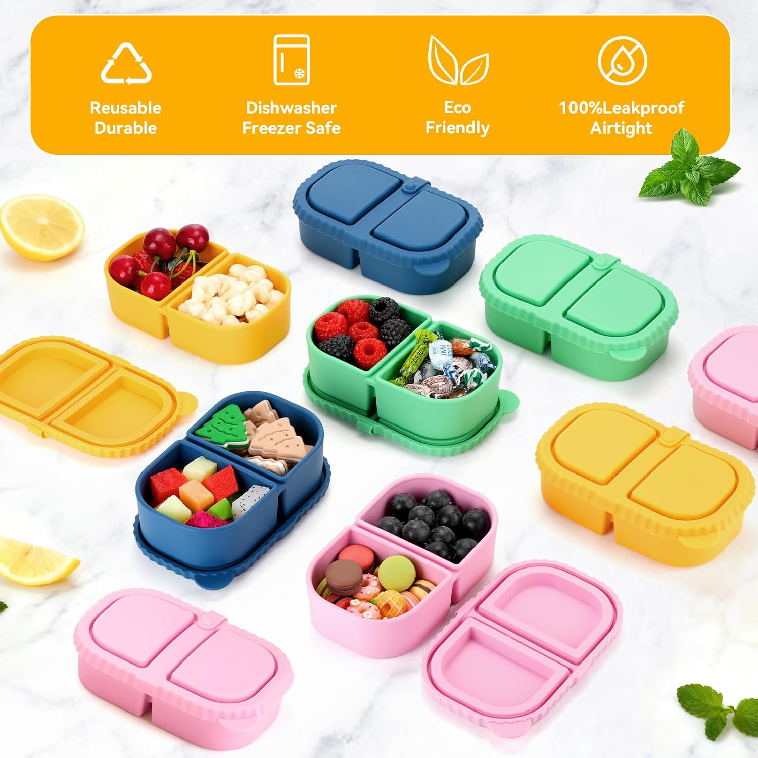 VZZNN 8 Pack Reusable Silicone Snack Containers with Lids - 2 Compartments Bento Snack Box (4 Colors) for School, Office and Picnic Ideal Portable Small Food Storage Box