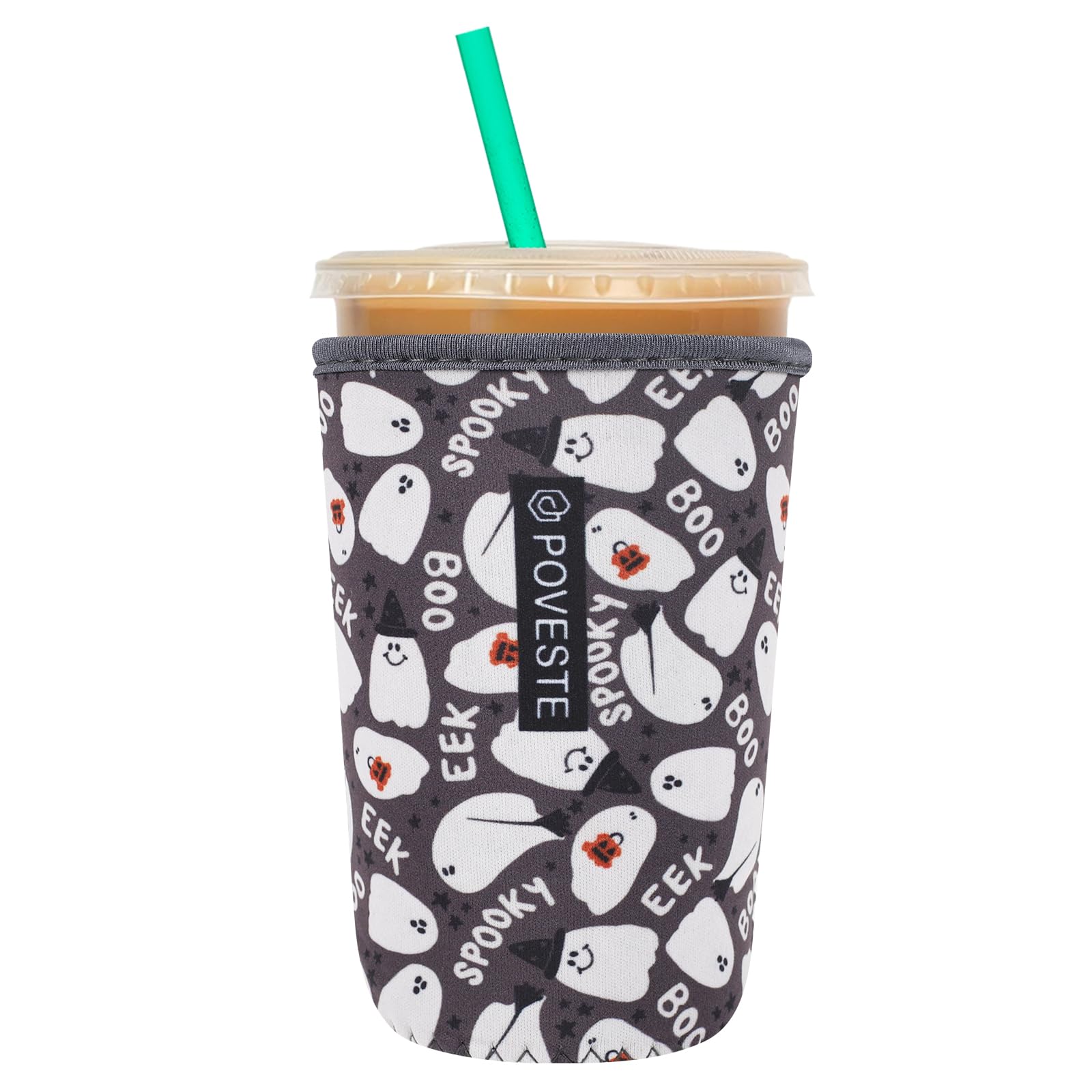 Reusable Neoprene Insulator Sleeve for Iced Coffee &amp; Cold Soda, Coffee Sleeves for Iced &amp; Hot Drinks, Cold Beverage Cooler Compatible with Starbucks, Dunkin (Halloween Boo, Medium: 22-24oz)
