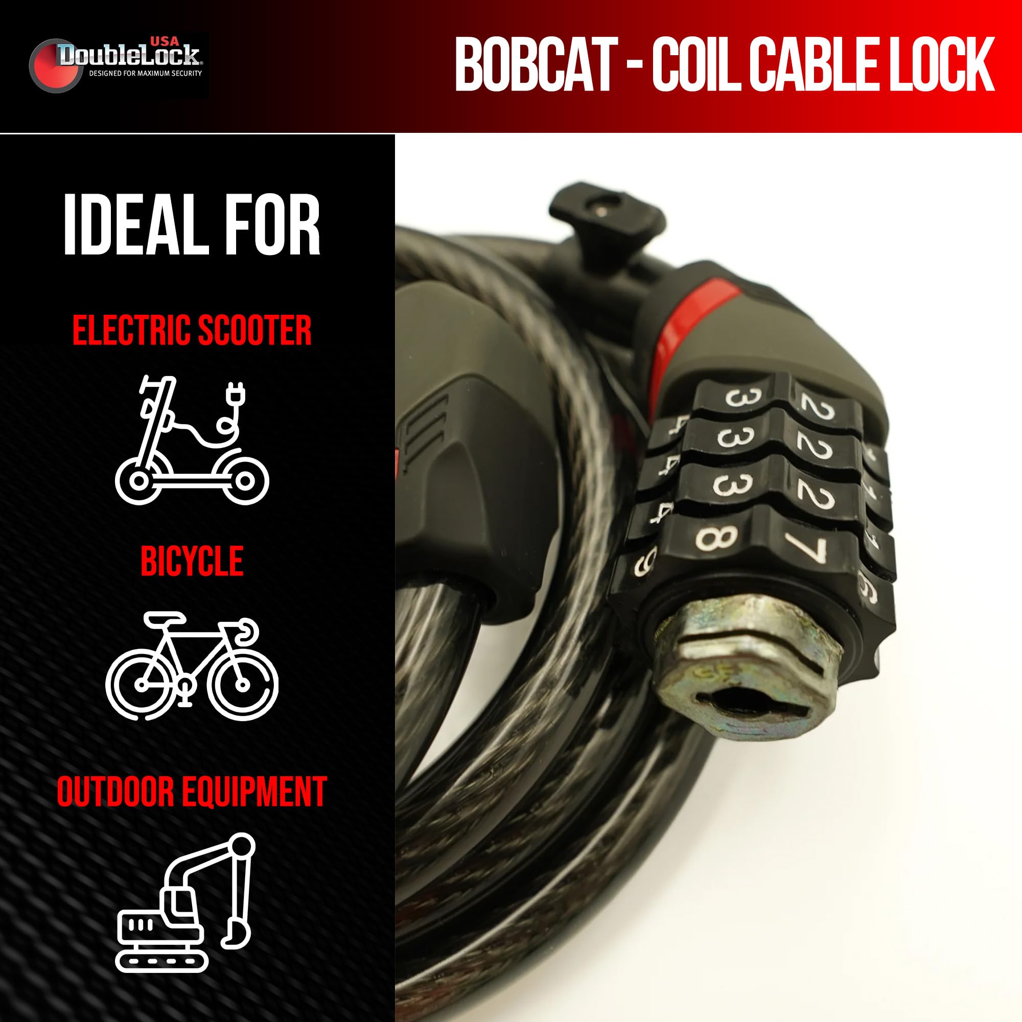DoubleLock Bobcat XL Bobcat - Candado de cable con combinación de bobina y soporte para bicicleta, cable compacto de 4 dígitos de 4 dígitos de grosor para bicicletas, bicicletas eléctricas, scooters