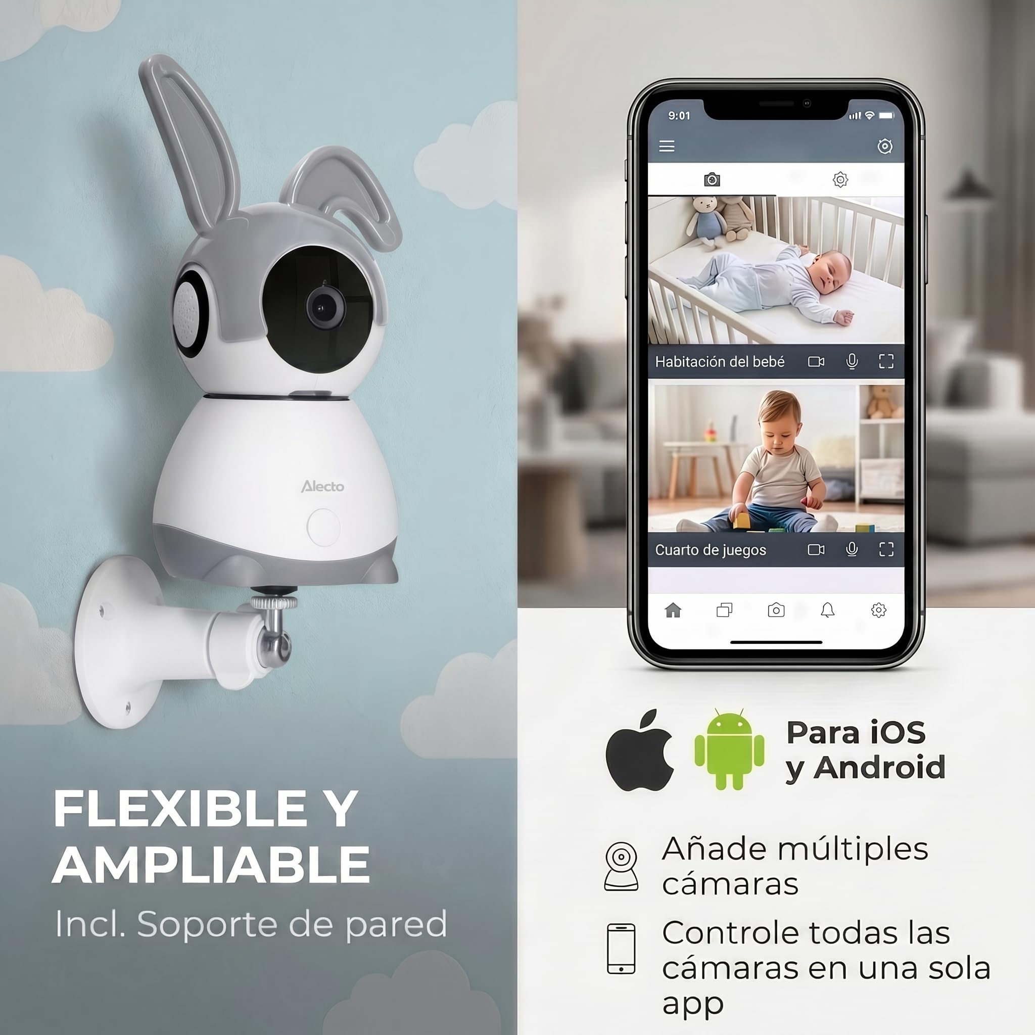 Alecto SMARTBABY10 WiFi Vigilabebés con Cámara HD 1080p - Vigilabebés Inteligente con Control Móvil - Video Vigilabebés Cámara y Audio - Blanco