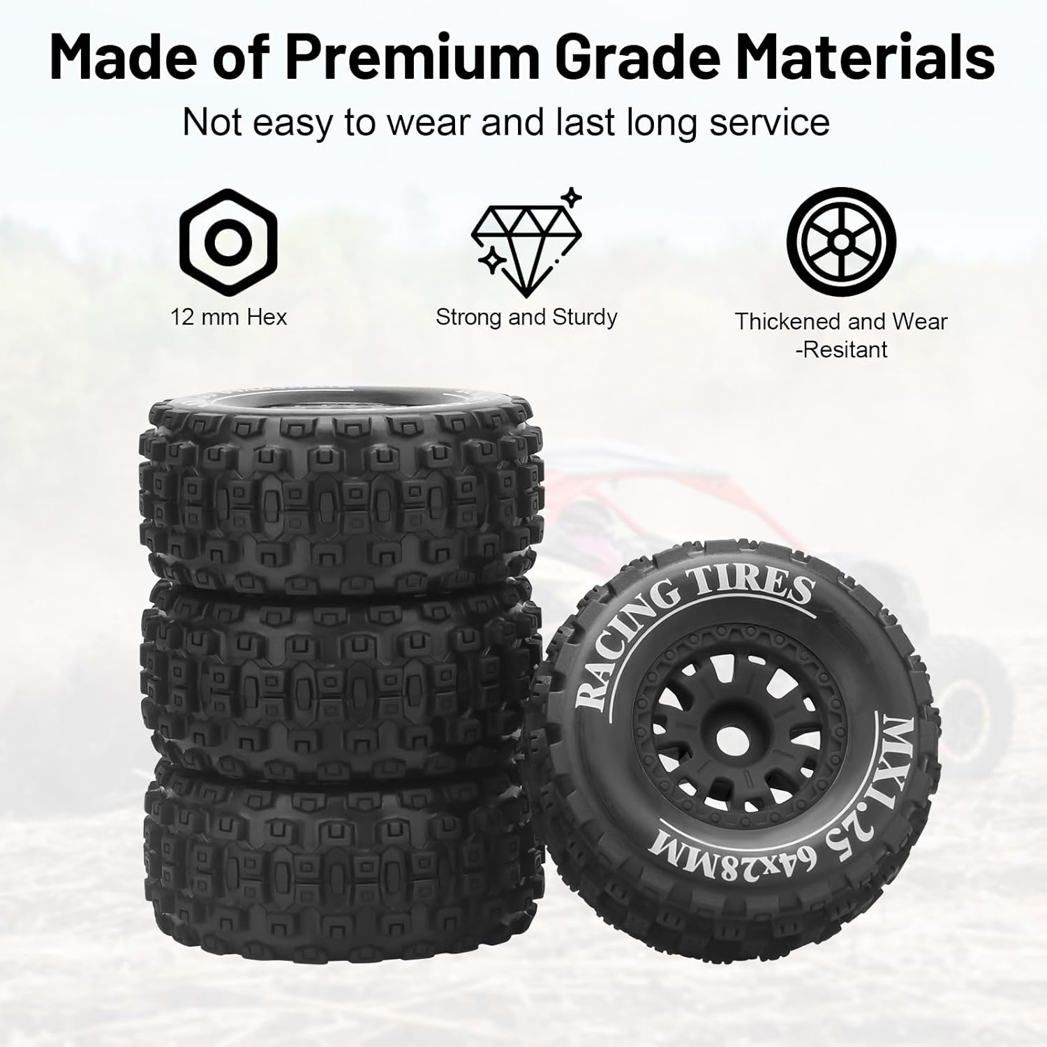 12mm Hex RC On/Off Road Tires, daitoku RC Car Tires and Wheels for 1/14 1/16 1/18 Traxxas ARRMA Mojave GROM 223S 4x4 RTR MJX Hyper Go 14301 14302 14303 Tamiya Kyosho HPI - Style C (Black)