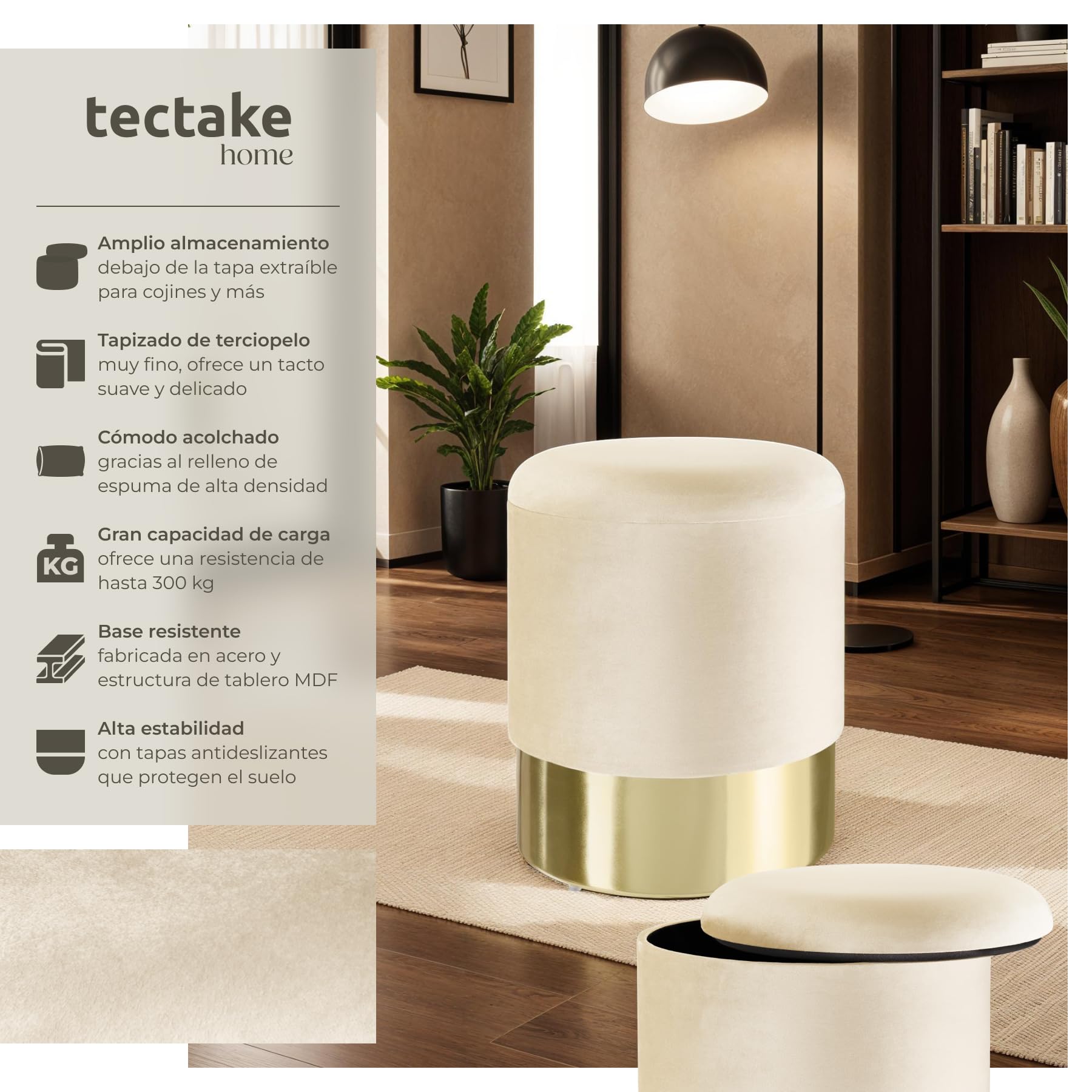 tectake® Taburete Tocador con Almacenaje para Dormitorio, Ideal Puff Almacenaje o Silla Tocador Maquillaje, un Mueble Auxiliar Dormitorio Práctico y Elegante - 36 x 36 x 44,5 cm Crema