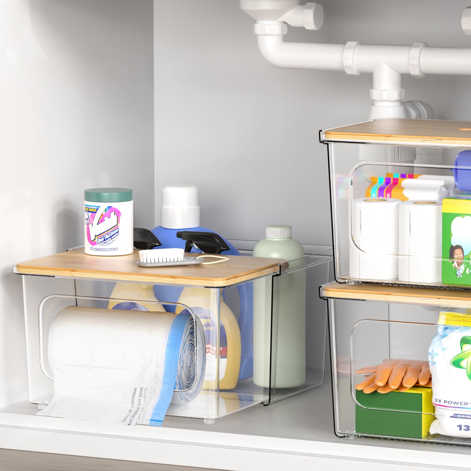 iCASA Dispensador de bolsas de basura, soporte para rollo – Contenedor de bolsas de basura acrílico transparente 2 en 1 con tapa de bambú, caja de almacenamiento de bolsas de plástico para cocina,