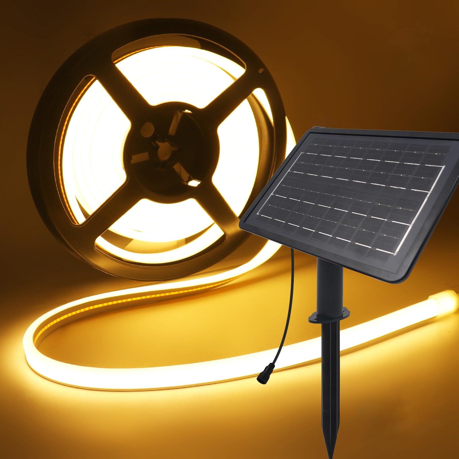 GQL 24V Solar/USB COB Neon Flex Light - Dual-Surface Glow (Front+Edge) LED Strip, IP67 320LEDs/m for Decor Indoor/Outdoor Decor (Warm White,9m)