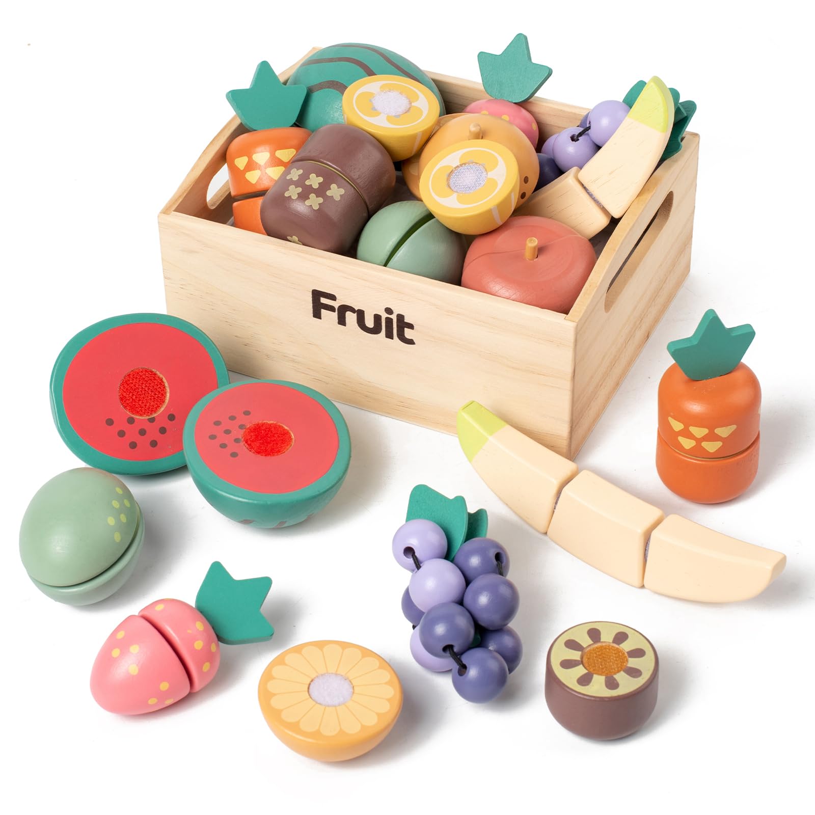 Kienvy 10 PCS Fruit Wooden Play Food Set for Kids Kitchen, Wooden Cutting Fruit Toys for Toddlers and Kids Ages 3+, Pretend Food Toys for Christmas