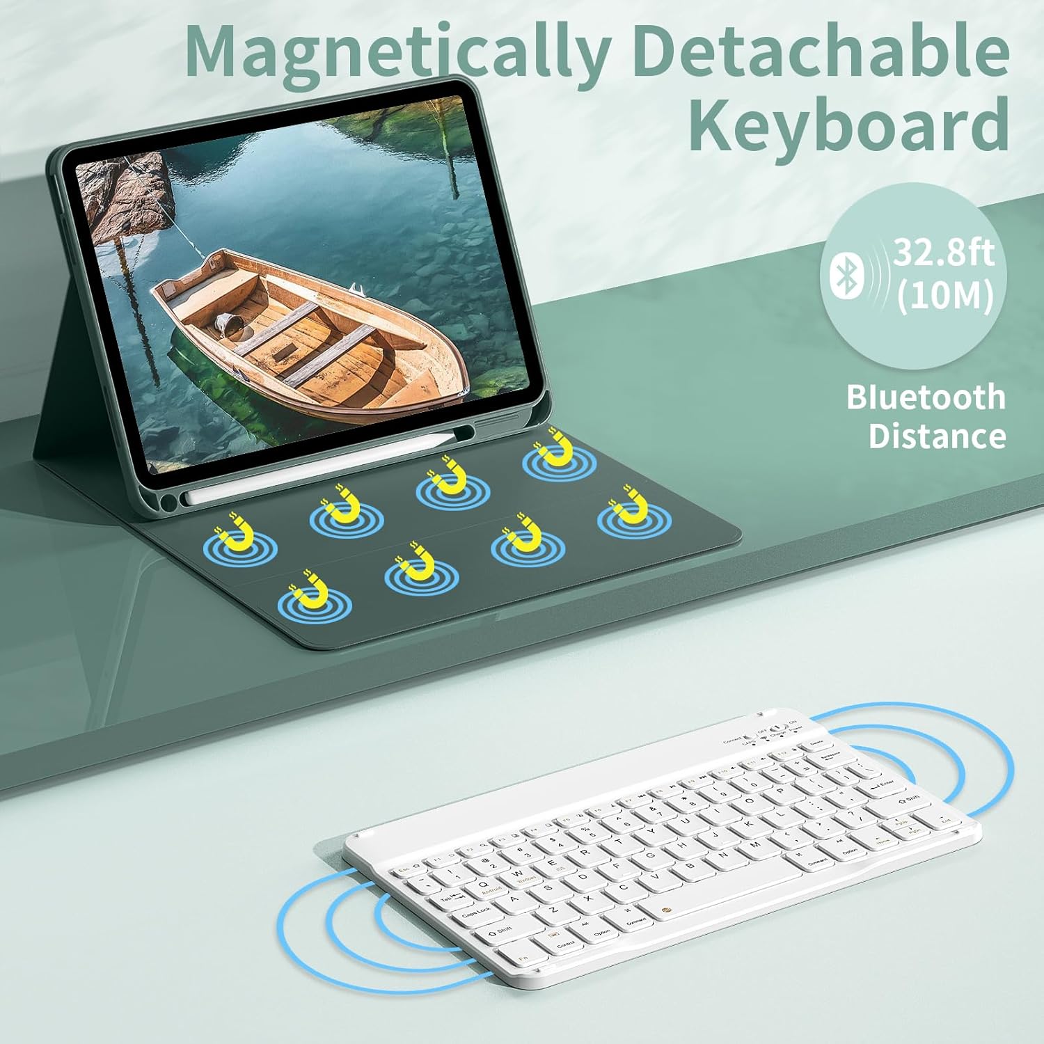 aoub Keyboard Case for iPad (A16) 11th Gen 11 Inch 2025, iPad 10th Generation 10.9 inch 2022 with Pencil Holder, Stand Folio Detachable Wireless Bluetooth Rechargeable Keyboard, Dark Green