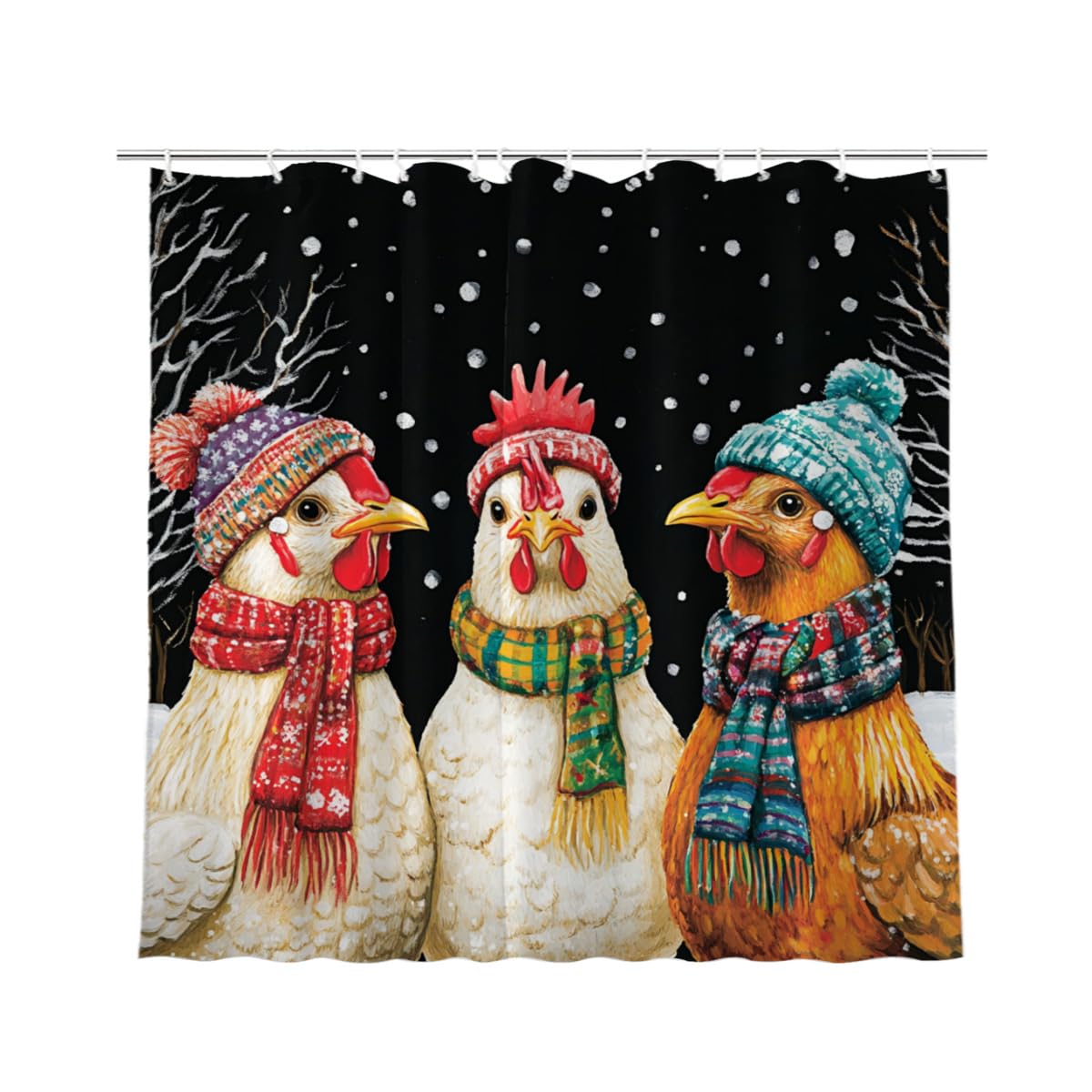 NGZ Winter 72x72 Inches Shower Curtain Christmas Shower Curtain, Cute Chicken Shower Curtains for Bathroom, Snow Fabric Bath Curtains Set with 12