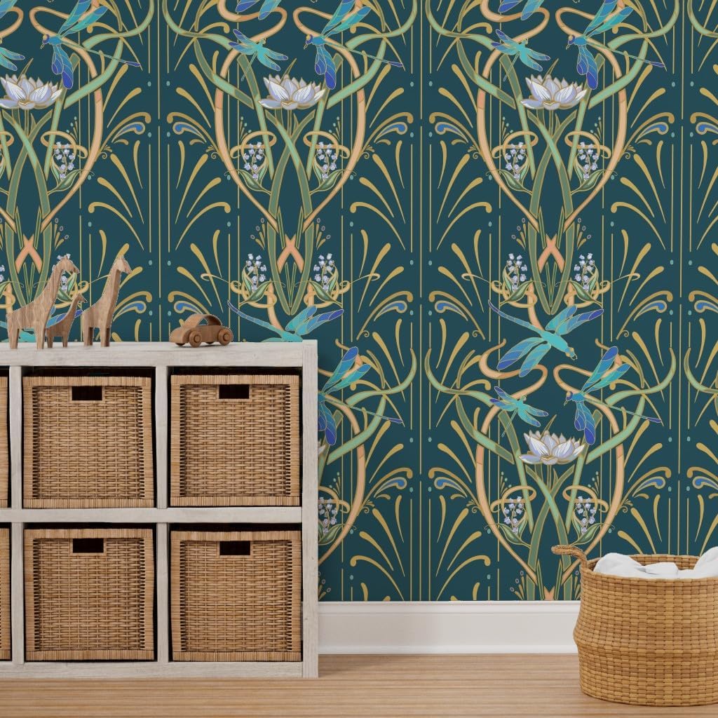 Peel & Stick Wallpaper 3ft x 2ft - Art Nouveau Dragonflies Deep Teal Green Classy Aqua Deco Contemporary Dragonfly Custom Removable Wallpaper by Spoonflower