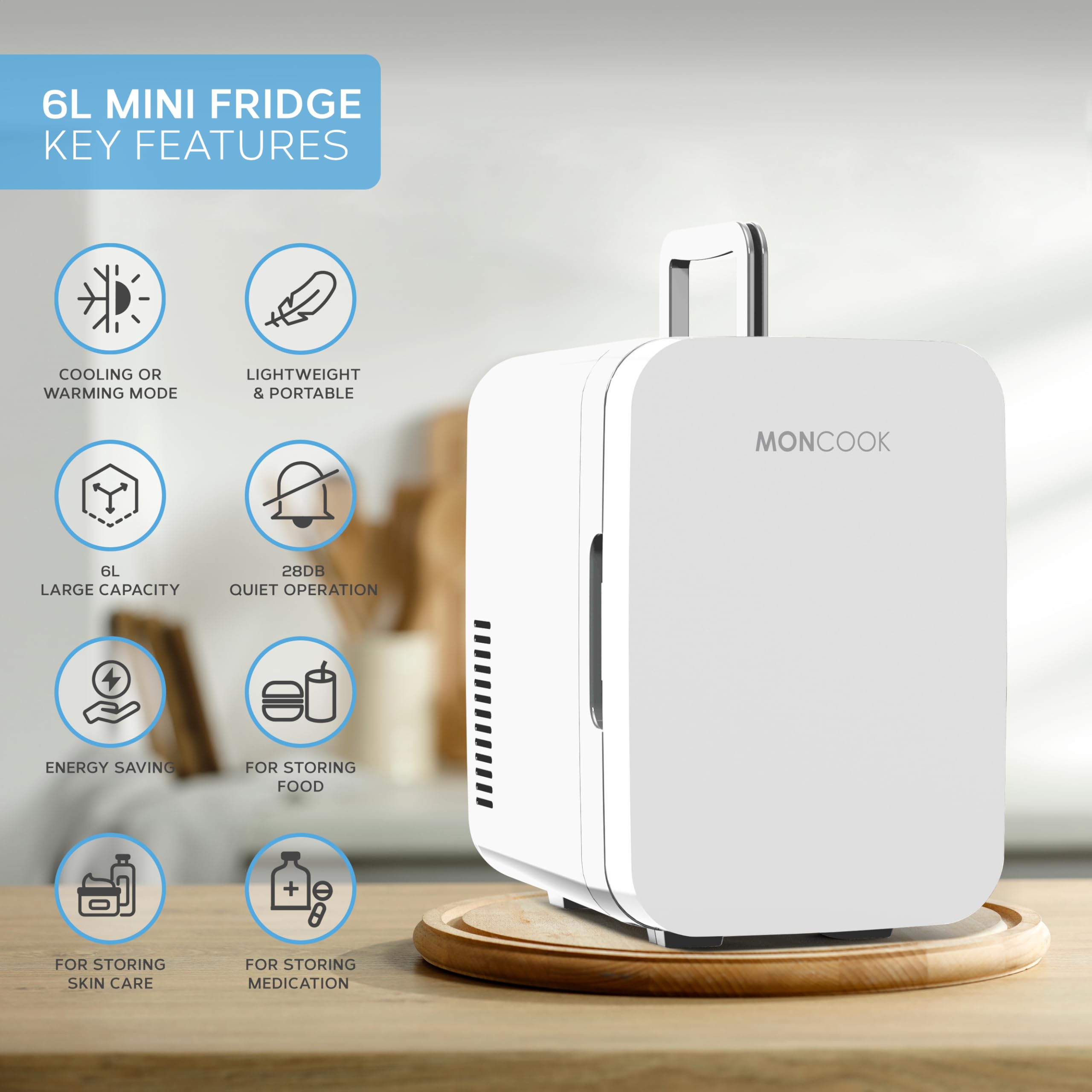 MONCOOK Mini Fridge For Bedrooms - Small, Portable & Quiet - Glass Door Mini Fridge For Skincare, Food & Drinks - Cooling & Warming Function - Perfect For Home, Office, Car Or Travel - 6L White — view 2