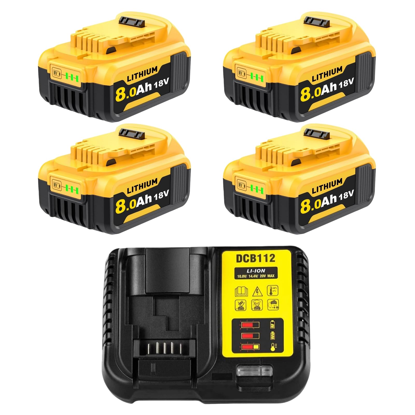 4X 18V 8.0Ah Li-ion Replacement for Dewalt Battery Compatible with Dewalt Battery and Charger DCB112 DCB180 DCB181 DCB-182 DCB-183 DCB-184B DCB185 with LED Indicators (4B+C)