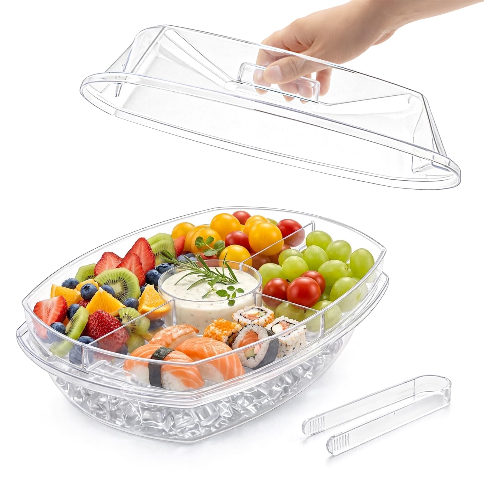 DEAYOU Bandeja para servir hielo de 4 secciones, bandeja para servir en frío con tapa abatible para comida de fiesta, picnic, aperitivos