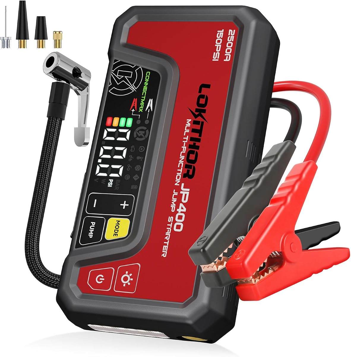 LOKITHOR JP400 Jump Starter with Air Compressor for 8.5L Gas/6.5L Diesel | 2500A 12V Car Battery Charger Jump Starter, 150PSI Tire Inflator, 300 Lumen LED Light, Power Bank, ConnectMax, Jumper Cables