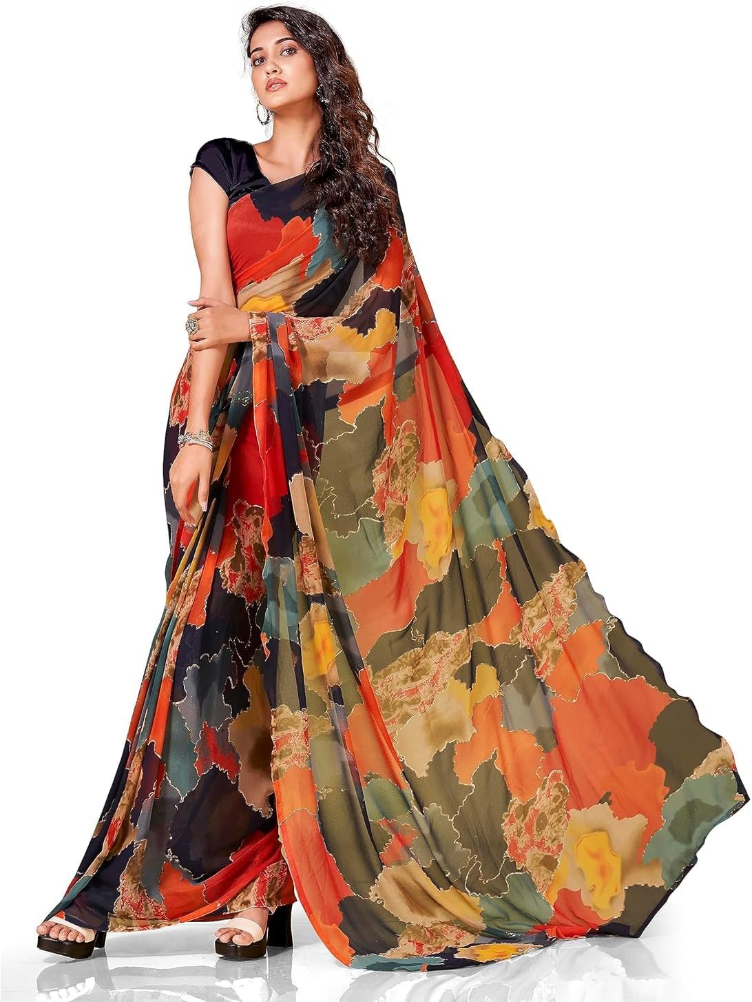 Womanista Women's Plain Printed Poly Georgette Ready to Wear Saree
