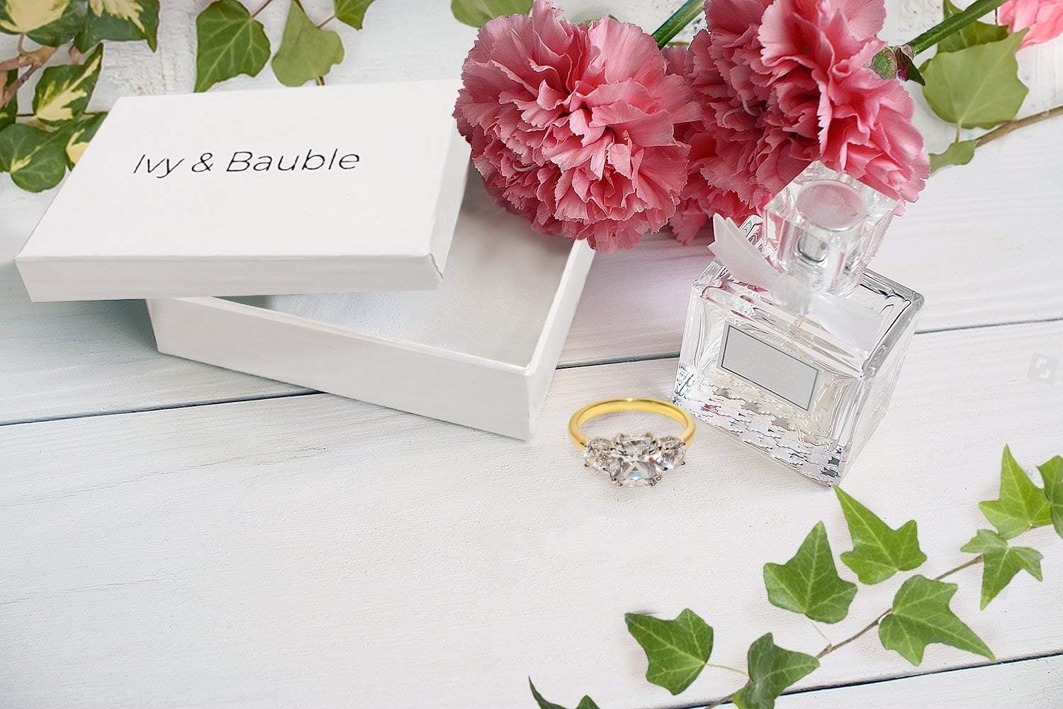 IVY & BAUBLE 3 Stone Cushion Cut Simulated Diamond Engagement Rings for Women in 18K Yellow Gold Plating, Size 5-10