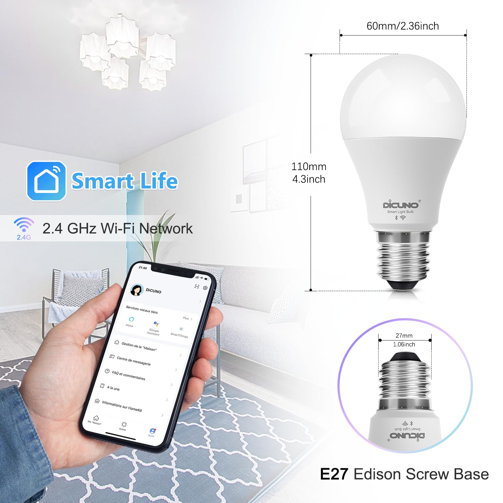 DiCUNO Bombilla conectada led, Bombilla WiFi led inteligente E27 Compatible con Alexa y Google Home, Baioneta 9W regulable Multicolor 2700K-5000K RGBCW, 800LM, Sin Hub Necesario, Lote de 2