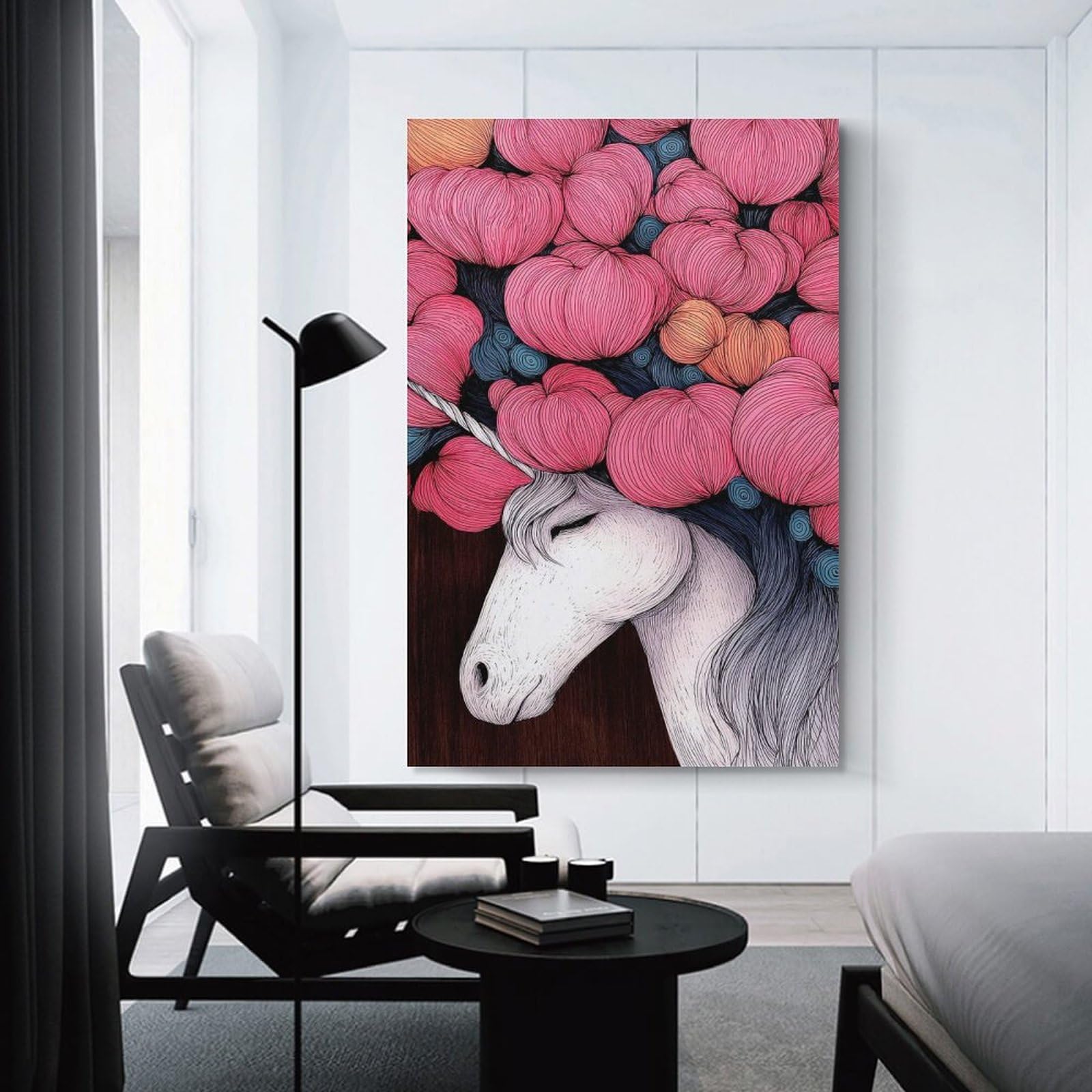 Junmoney Floral Unicorn Illustration Canvas Art Print, 24x36inch(60x90cm), for Living Room, Bedroom, Office Or Hallway, Decorative Artwork with Broad Appeal