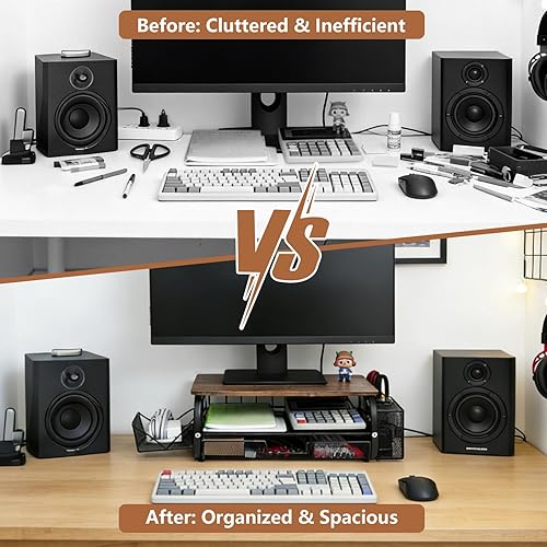 Miniatura 2 de Organizador de escritorio y accesorios para monitor, soporte para monitor con cajón (cajones de 2 niveles) con estante de almacenamiento lateral