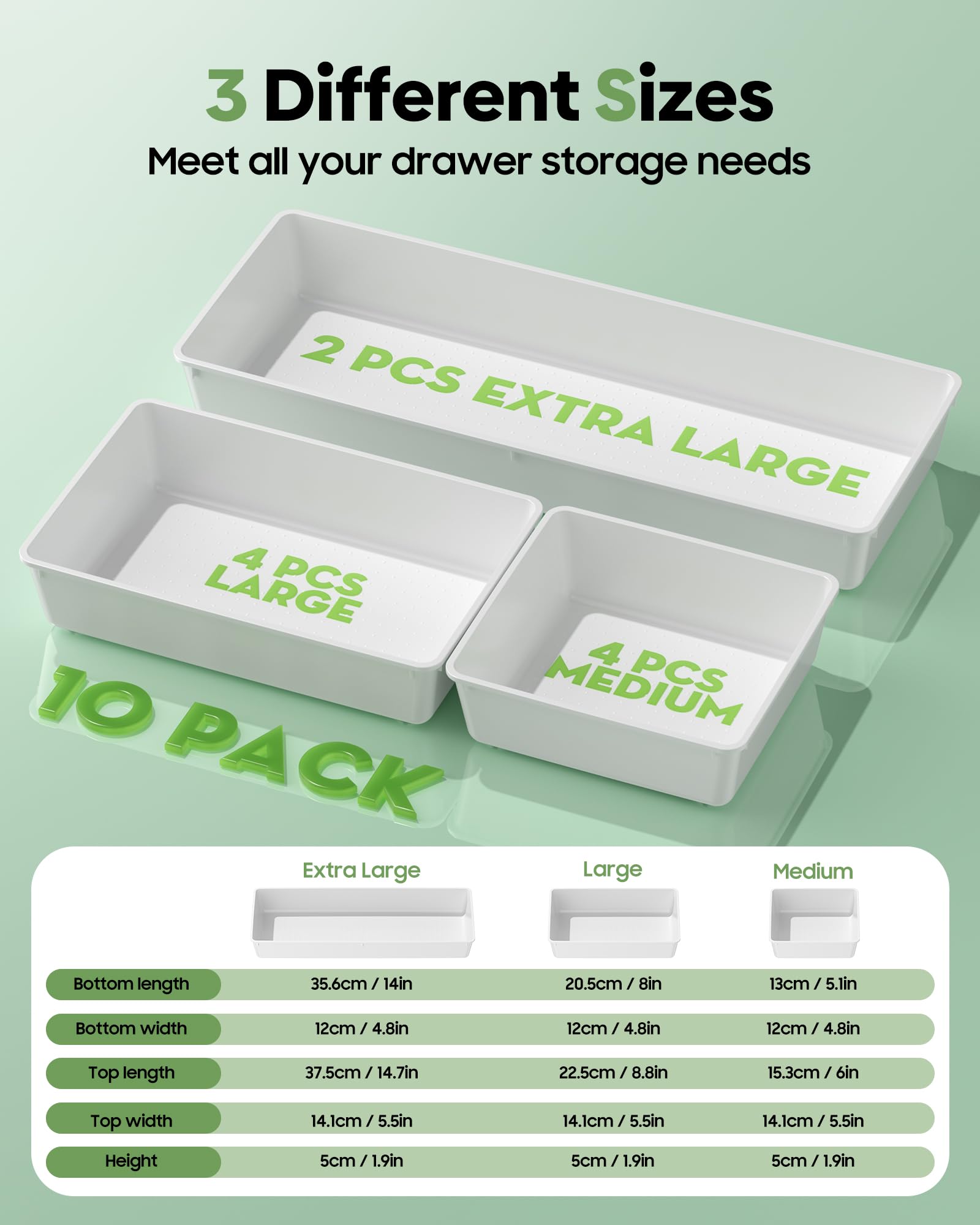 Set di 10 organizer per cassetti di grandi dimensioni, in plastica, 3 misure, per scrivania, cassetti, contenitori per vanità, trucco, bagno, utensili da cucina e ufficio (bianco)