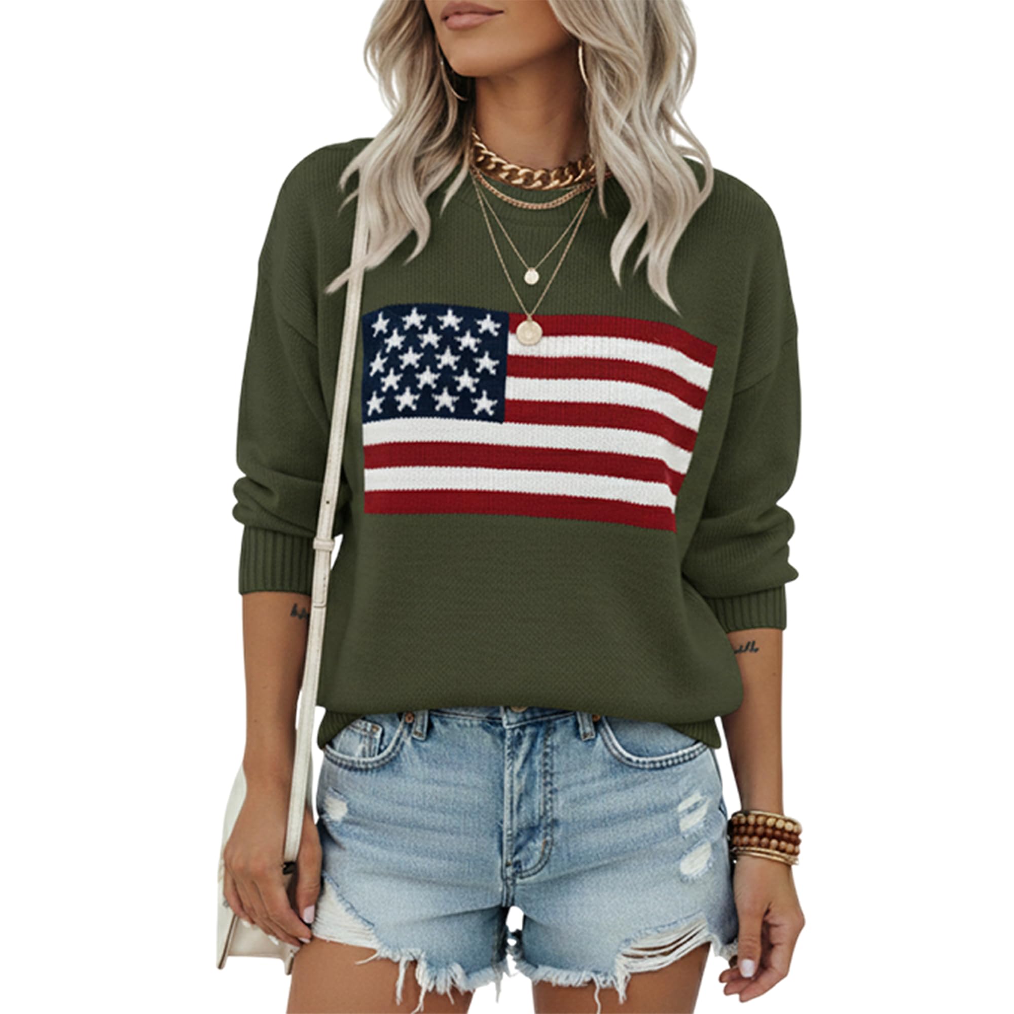 Womens American Flag Pattern Long Sleeve Lightweight Round Neck Sweater Casual Loose Pullover Cardigan Sweater