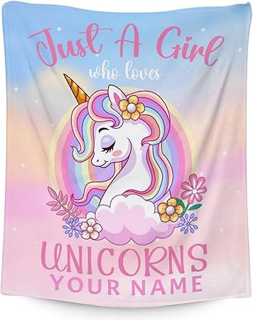 Personalized Unicorn Blanket Gifts with Name - 50x60 Inches Cute Throw for Girls - Pink Soft Fuzzy Blankets for Bed, Couch & Living Room