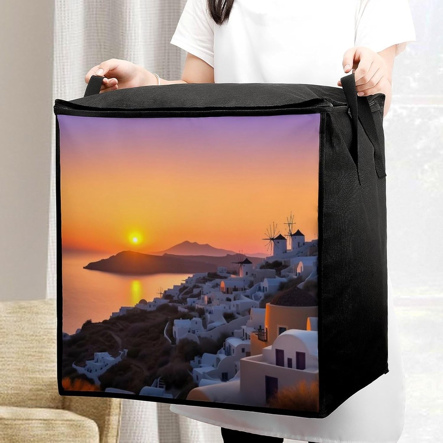 Quilt Storage Bag,Greece Island Sunset Landscape Printed Large Foldable Storage Container Portable Travel Storage Bag for Blankets, Quilts, Clothes, Comforter, Bedding And Pillows