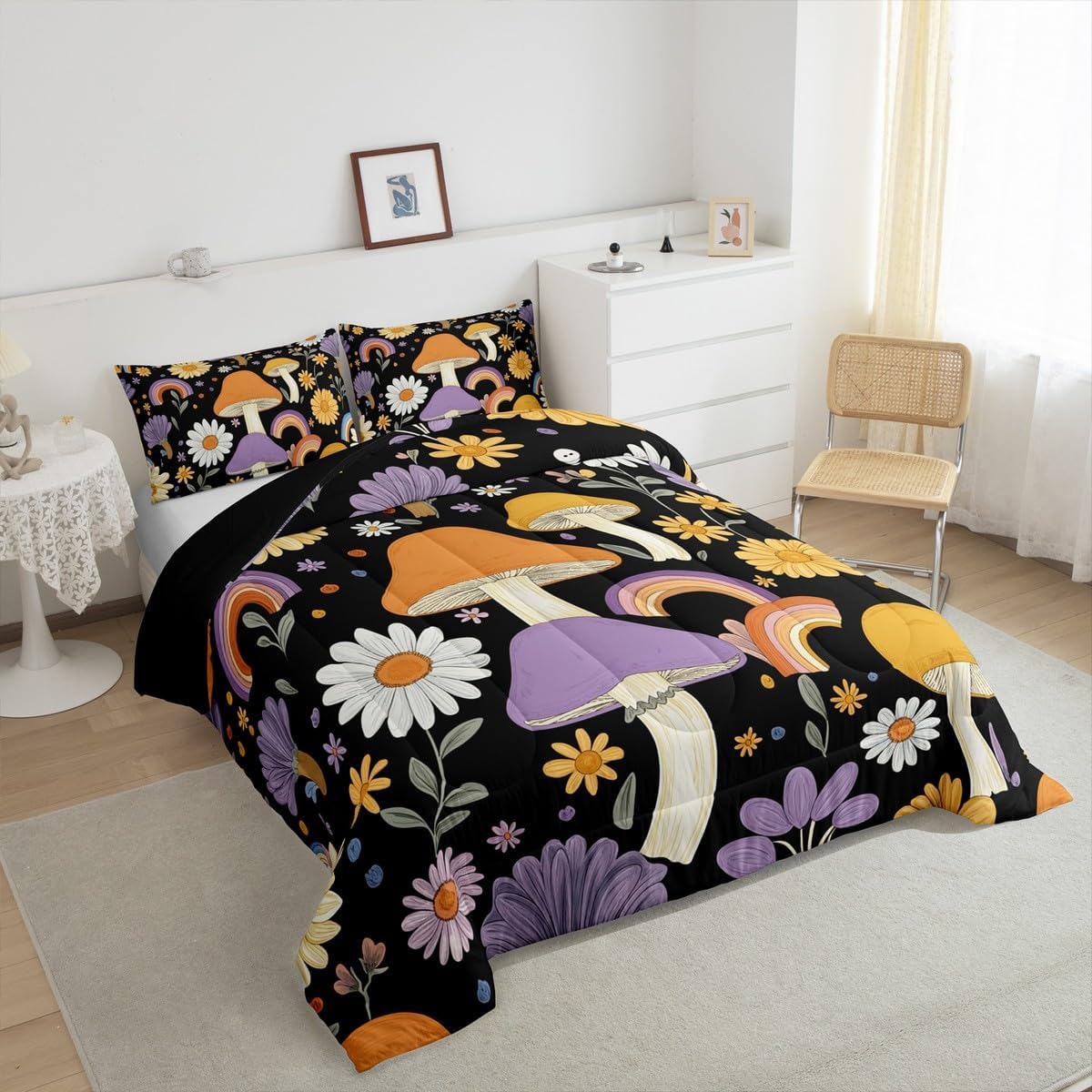 Erosebridal Trippy Mushroom Comforter Sets Queen Groovy Floral Bedding Set Cute Rainbow Bedding Sets & Collections Two Groovy Party Boho Hippie Mushroom Duvet Retro Party Decorations Quilted Comforter