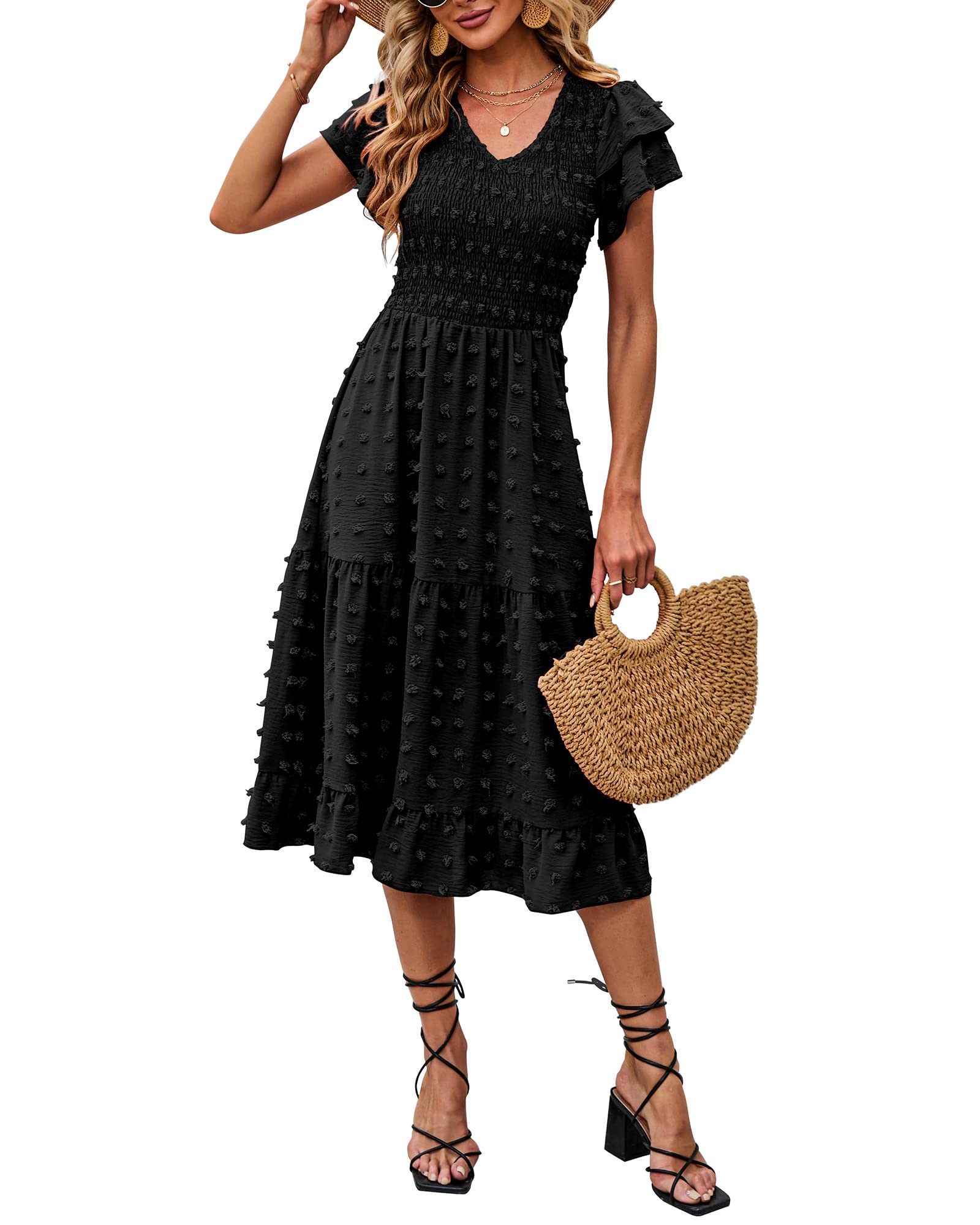 BTFBM Women Casual Summer Short Ruffles Tiered Sleeve Smocked Midi Dresses Bohemian Floral V Neck Wedding Guest Long Dresses