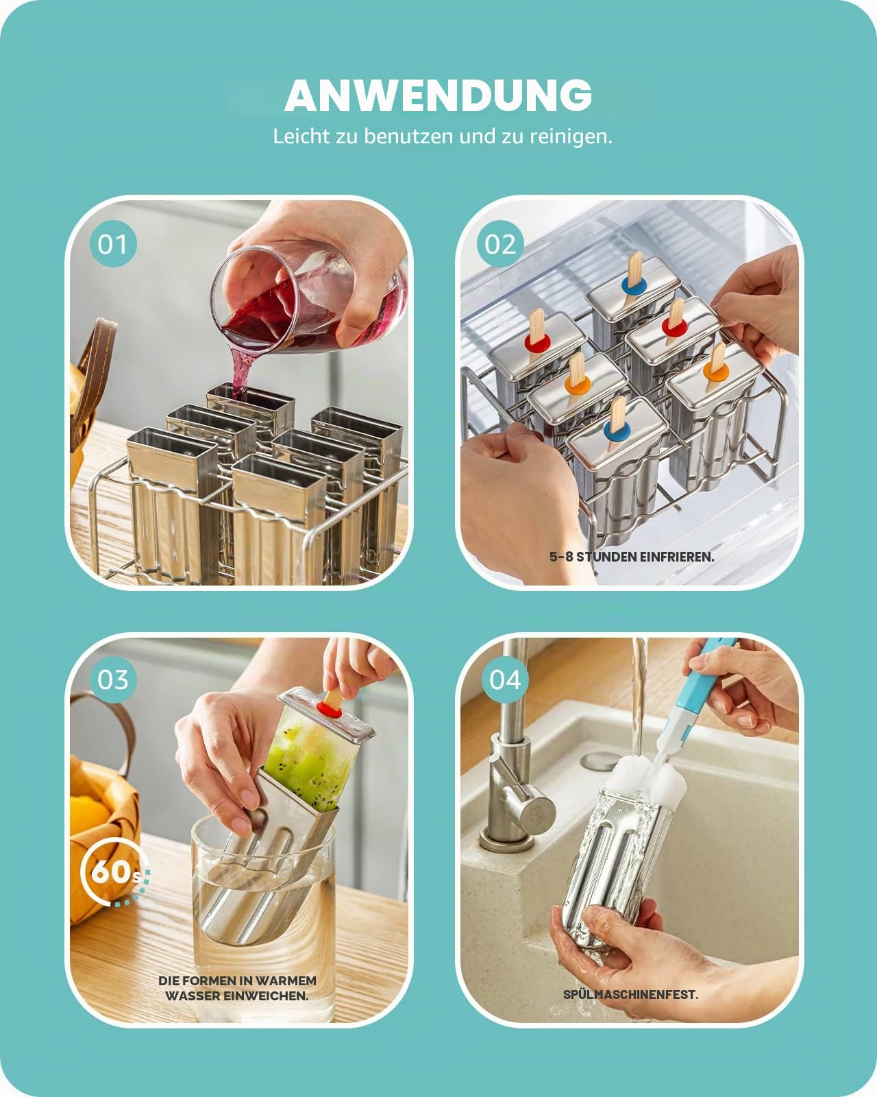 Baffect® Edelstahl Popsicle Form mit Stick Holder Eiscreme Form von 6 (Runden)