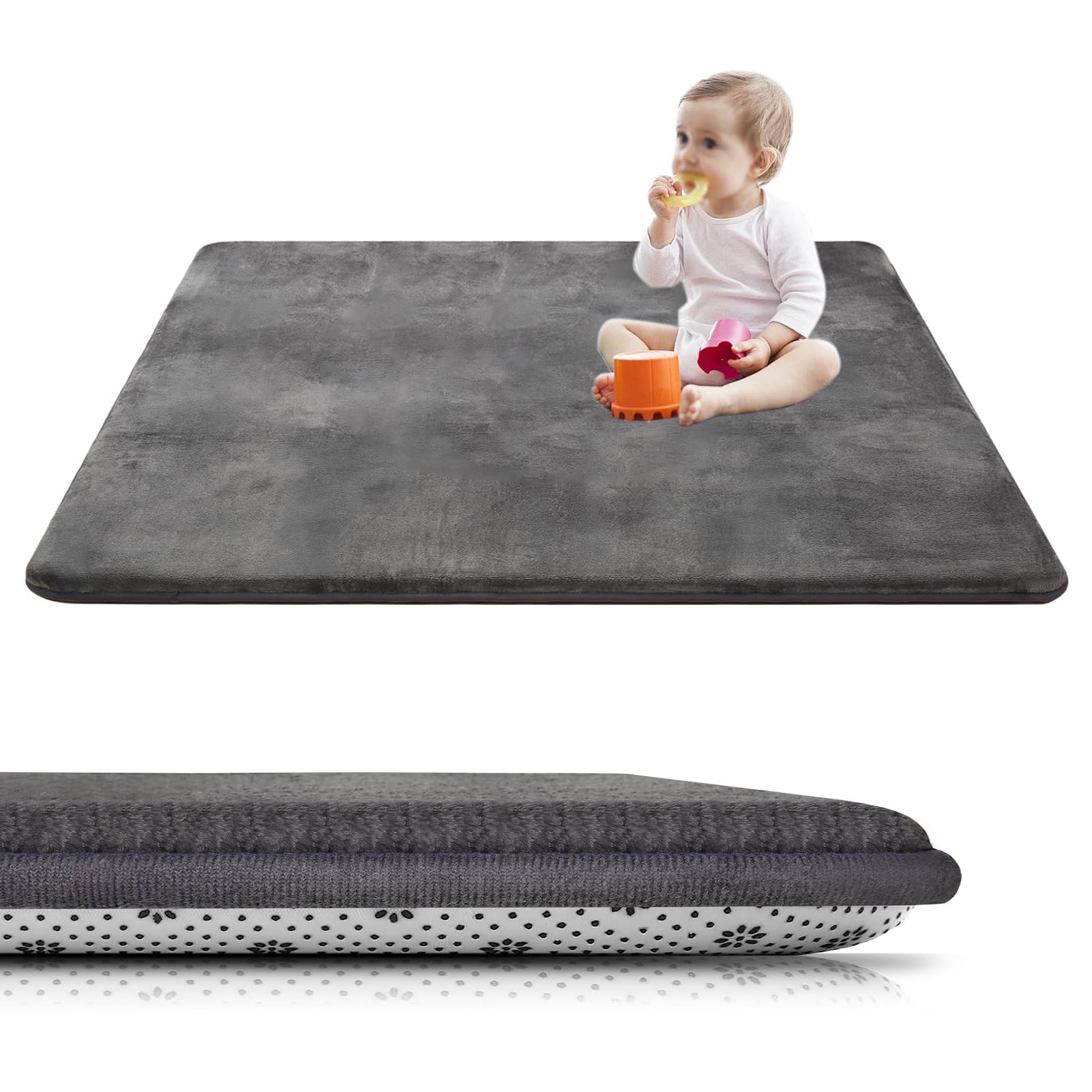 Murzoeky Baby Floor Play Mat Large, 100 x 180 cm x 2cm Thick Memory Foam Crawling Mat, Coral Velvet Activity Rug for Tummy Time, Non-Slip Nursery Floor Mat for Toddlers, Infants Dark Grey