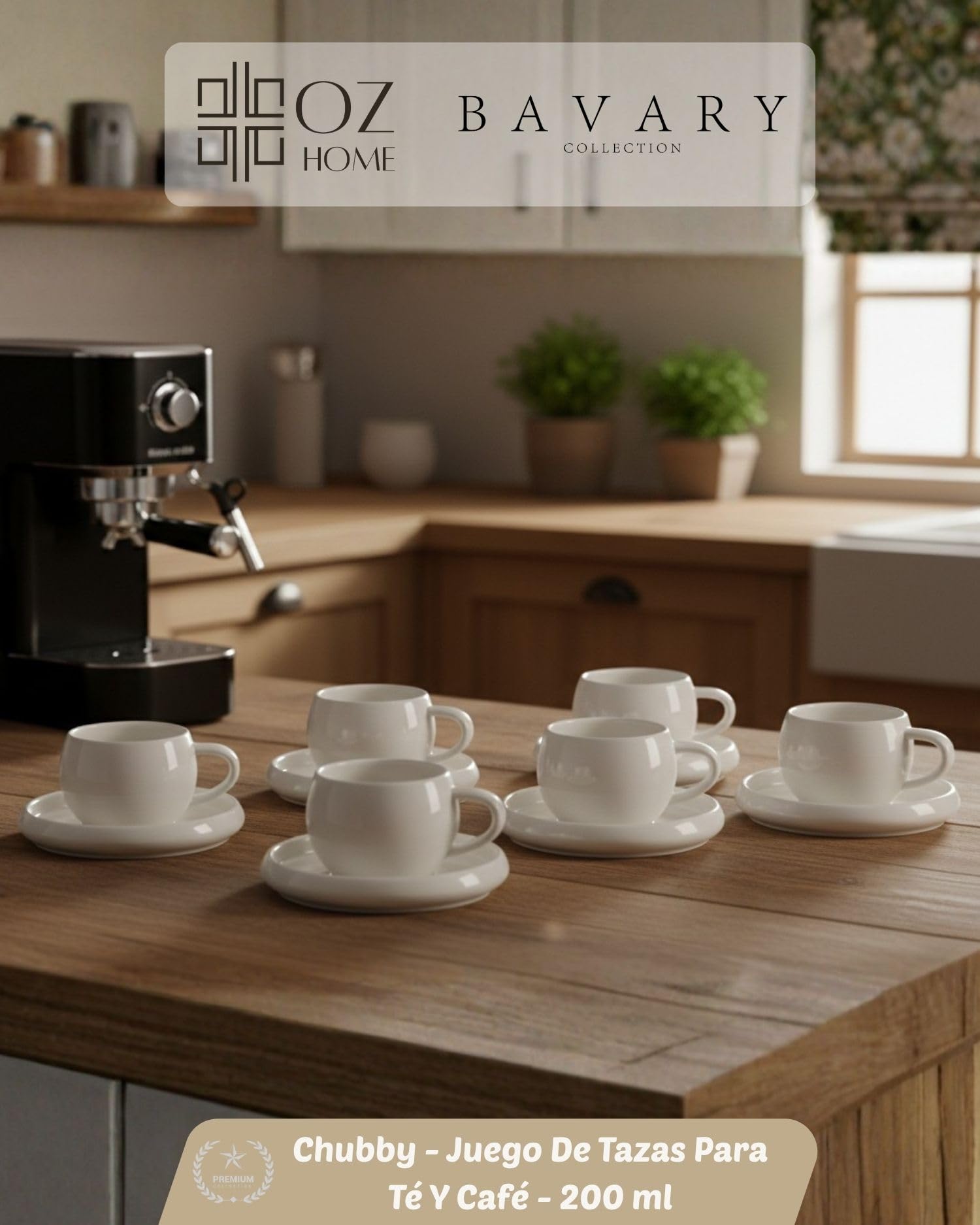 BAVARY Chubby Tazas de Café y Té con Plato – Juego 12 Piezas para 6 Personas – 200 ml Porcelana Blanca – Diseño Redondo – Cappuccino, Café, Té e Infusiones – Aptas Lavavajillas y Microondas