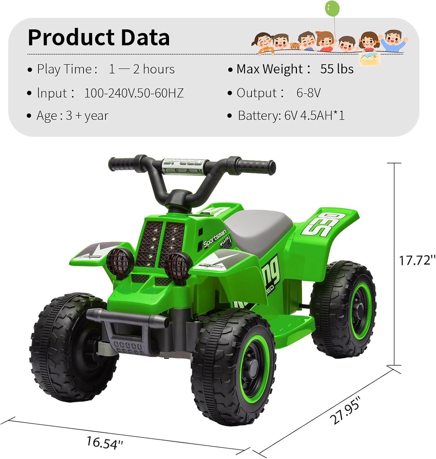 Hetoy 6V Kids Ride On Electric ATV, Ride Car with LED Headlights, Ride-On Toy for Toddlers 1-3 Boys & Girls with Music, Forward & Reverse (Green)